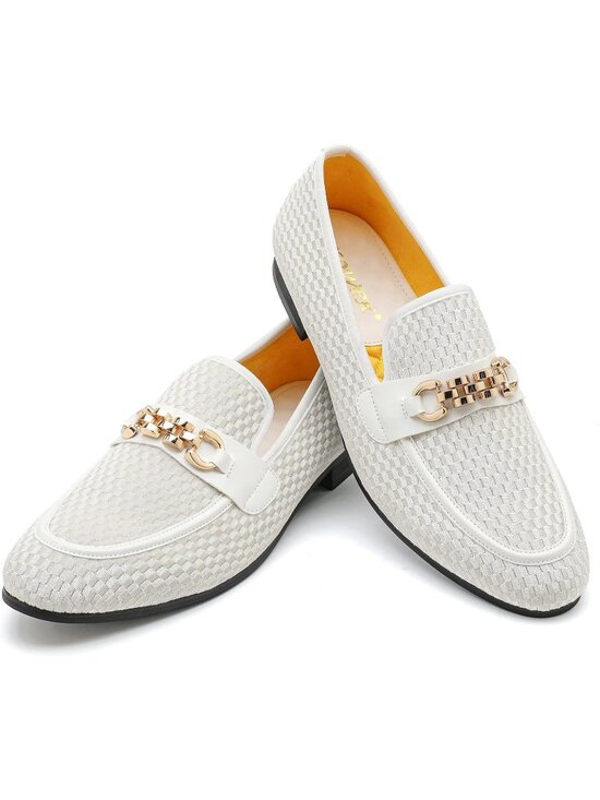 XQWFH Men\'s White Velvet Penny Loafer Gold Chain Buckle Slip On Flat Forma Shoes